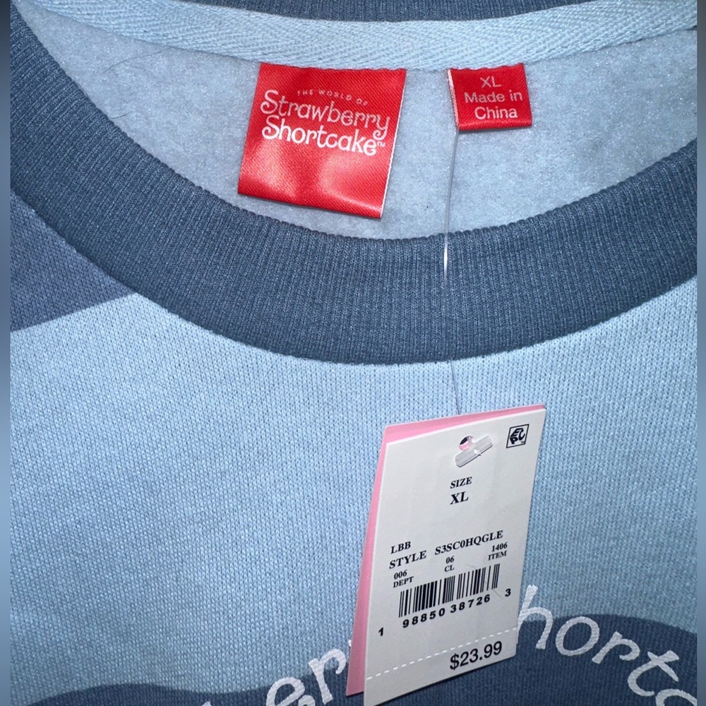 Strawberry Shortcake Blue Striped Cropped Crew Sweatshirt NWT XL Retro 80s Cute - Picture 4 of 8